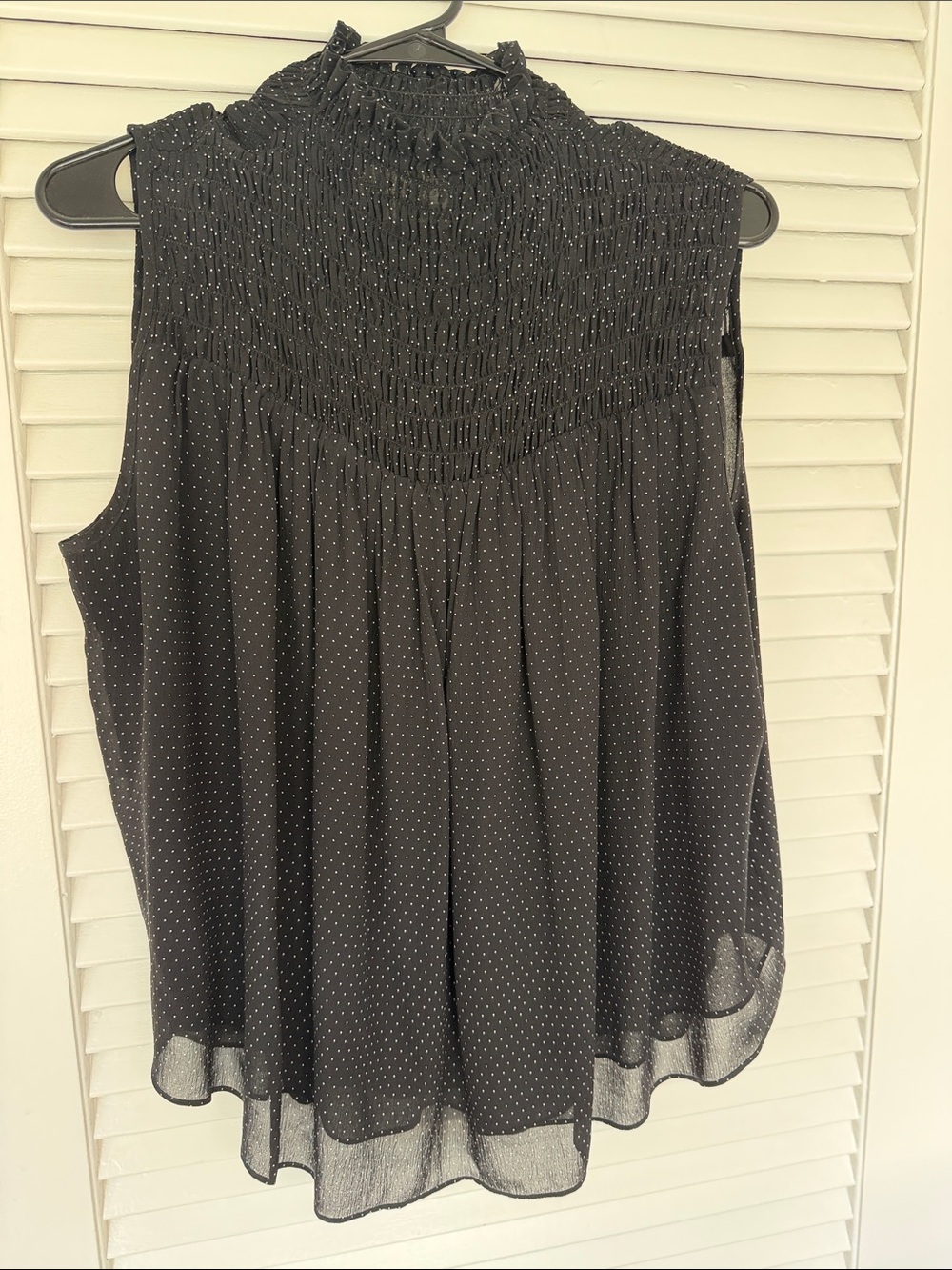 FRAME Black Smocked Mock-Neck silk Sleeveless Top